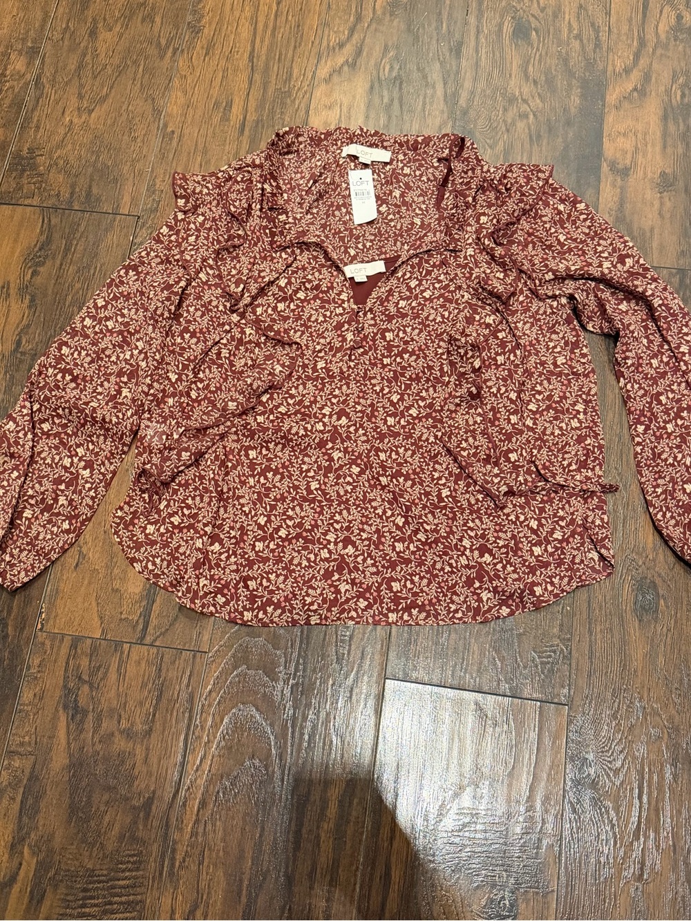 Women Red/Maroon Floral Ruffle Blouse - Brand: LOFT